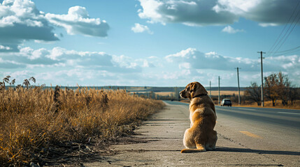 A sad dog sits near the road and looks into the distance at a driving car. The Labrador dog is lost and is waiting for its owner. Homeless animals concept