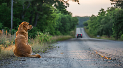 A sad dog sits near the road and looks into the distance at a driving car. The Labrador dog is lost and is waiting for its owner. Homeless animals concept