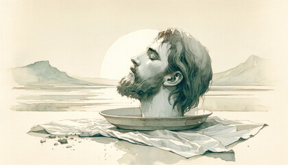 The Feast of Herod. The head of John the Baptist on a platter. Digital illustration. - obrazy, fototapety, plakaty