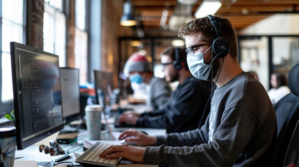 Within the confines of a closed office space, men in masks are immersed in their work, their fingers flying across keyboards as they tackle programming challenges or respond to inc - obrazy, fototapety, plakaty