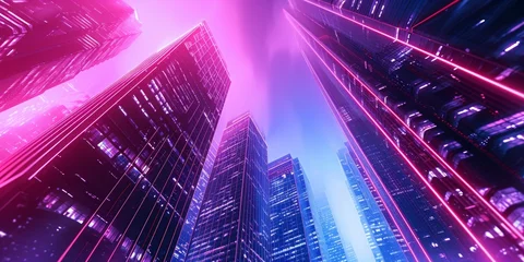 Fotobehang In a futuristic city, neon lights dance off the towering skyscrapers, casting an otherworldly glow over the bustling streets below. © YuDwi Studio