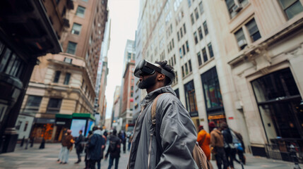 A young urbanite walks through the bustling city streets, immersed in the virtual world projected by their Apple VR headset. 
