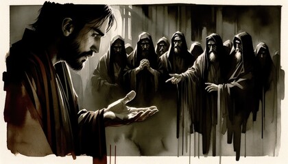The betrayal of Judas. Judas agreeing to betray Jesus for thirty pieces of silver. Life of Jesus. Digital illustration. Black and white. - obrazy, fototapety, plakaty