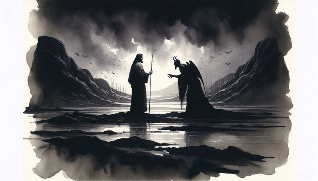 The temptation of Jesus by Satan in the Judean Desert. Life of Jesus. Silhouette of Jesus and Satan in the mountains. Digital illustration.