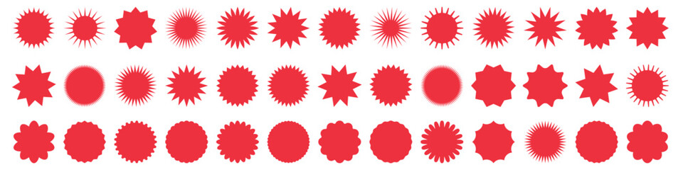 Set of red starburst. Price sticker, sale sticker, price tag, starburst, quality mark, retro stars, sale or discount sticker, sunburst badges
