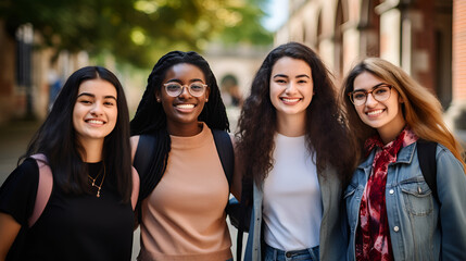 University students standing in the vibrant college campus, smiling and looking at the camera, reflecting the camaraderie and diversity of modern education