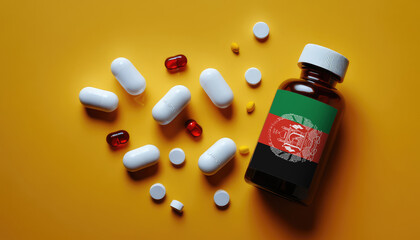 White medical pills and tablets in a drug bottle with flag Afghanistan. Macro top down view with copy space. Medicine and healthcare concept