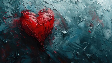 A vibrant red heart painted on a windowpane, with raindrops and streaks of blue paint, symbolizing love and emotion. - obrazy, fototapety, plakaty