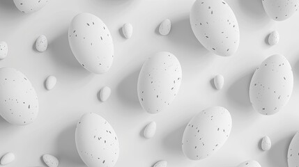 An array of white speckled eggs of various sizes spread out on a clean, neutral background with a minimalist aesthetic.