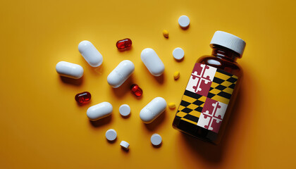 White medical pills and tablets in a drug bottle with flag Maryland. Macro top down view with copy space. Medicine and healthcare concept