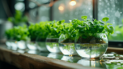 hydroponics growing process, glasses pots with green sprouts