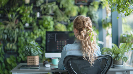 woman sitting on a working place in the office with lots of green plants, vertical garden in the...