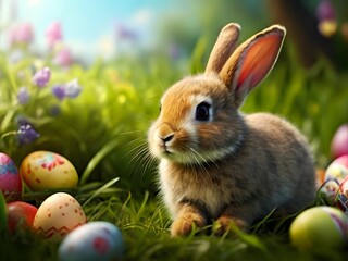 Fototapeta na wymiar Happy easter bunny sitting with many eggs on green grass landscape