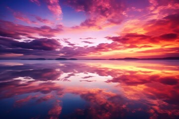 Fototapeta na wymiar Tranquil lake, ablaze in orange and purple sunset hues.