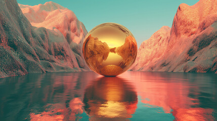 Surreal vaporwave scene with golden ball on the landscape with mountains and sea. 90s styled abstract surreal pink composition.