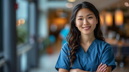 Obraz premium Portrait of asian woman wearing blue doctor uniform and stethoscope at hospital.