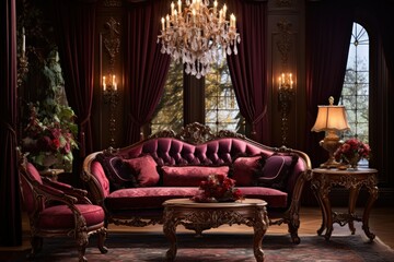 Living room with Victorian ornate details, rich colors, and luxurious fabrics