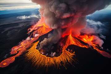 Volcano eruption from a bird view. Volcano crater and magma flow shot from above. Genertated AI. - obrazy, fototapety, plakaty