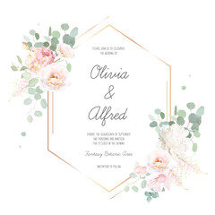 Blush pink rose flowers and mint eucalyptus vector frame. Hand painted branches, leaves on white background.