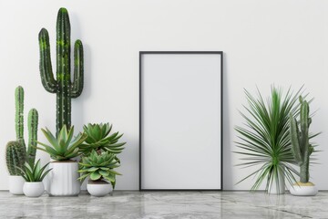 White empty vintage wooden picture frame hangs on a textured interior wall for a touch of architectural decoration with green plants close white wall. Frame mockup, 3d poster mockup