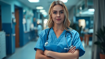 Fototapeta premium Portrait of woman wearing blue doctor uniform and stethoscope at hospital.