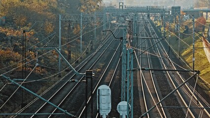 Railway Main Line Parallel Tracks for Freight Cargo Passenger and Commuter Suburban Train - obrazy, fototapety, plakaty