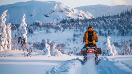 A person rides a snowmobile through snow-covered trees on a bright winter day, evoking a sense of adventure, exploration, and the beauty of winter.