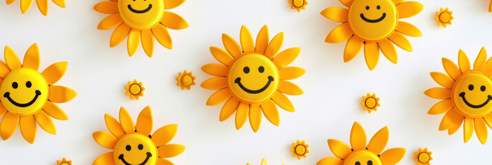 A bright, cheerful pattern of cartoon sunflowers with smiley faces, creating a joyful atmosphere ideal for April Fools' Day greetings or sunny, positive messaging.