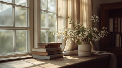 a stack of books in a neutral romantic vintage room, stacked books on a rustic table in front of a window, books and a bouquet of flowers inside a romantic room