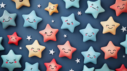 soft and cute display of pastel-colored cartoon stars with sweet expressions, ideal for a gentle and playful April Fools' Day visual or for children's themed events and decorations