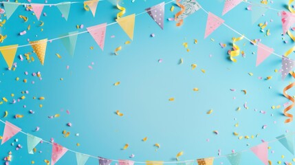cheerful backdrop depicts hand-drawn colorful party flags and a shower of confetti, perfect for a fun April Fools' Day announcement or a festive event background.