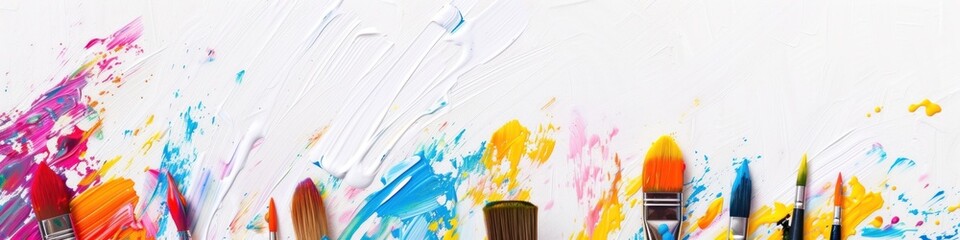 A wide canvas filled with vibrant streaks of paint and several brushes dipped in different colors, ideal for an April Fools' Day arts and crafts event poster.