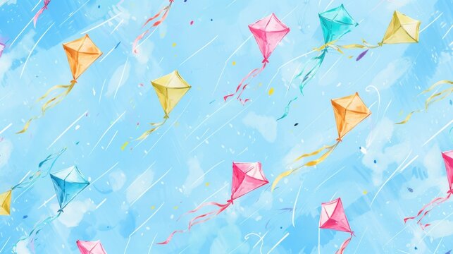 A colorful and dynamic pattern of hand-drawn kites with tails against a bright blue sky background, complete with confetti and streamers. This whimsical image is ideal for April Fools' Day celebration