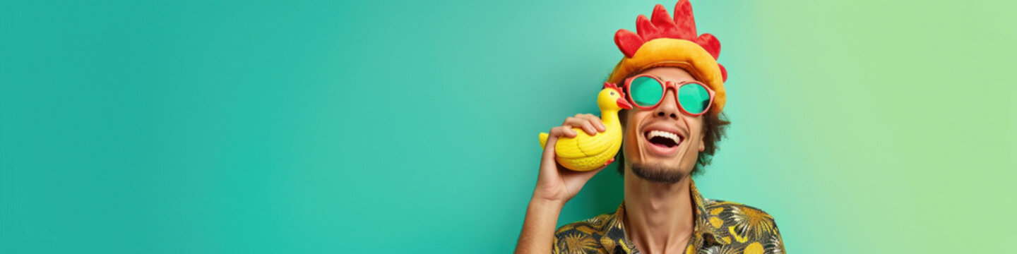A funny person with a rubber chicken, pretending to be a chicken, ideal for April Fools' Day entertainment or themed party events.