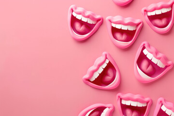 Fototapeta premium a banner with a collection of cartoon-style laughing mouths on a pink background, suitable for a light-hearted April Fools' Day visual, comedic content or dental care topics 