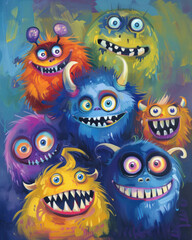 A vibrant painting of various colorful and friendly monsters, an excellent choice for an April Fools' Day children's event poster or playful decoration.