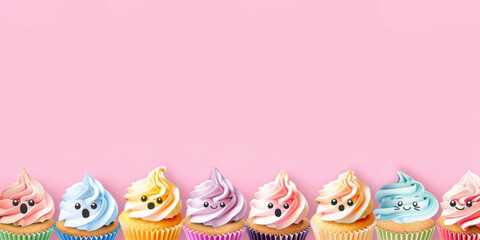 delightful image of cupcakes with smiling faces along the bottom border provides a cheerful and charming backdrop for April Fools' Day party materials or sweet-themed promotions. - obrazy, fototapety, plakaty