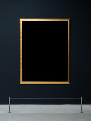 Mockup black blank space in vertical gold wooden square frame hanging isolated on dark background...