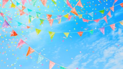 A festive backdrop of hand-drawn colorful party flags and falling confetti against a clear blue sky, ideal for an April Fools' Day celebration banner or a vibrant party invitation.