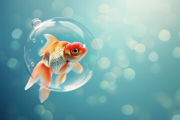 A clean, graphic illustration of an orange goldfish inside a bubble, ideal for April Fools' Day themed online content or creative marketing to draw attention with its simplicity and bright colors. - obrazy, fototapety, plakaty
