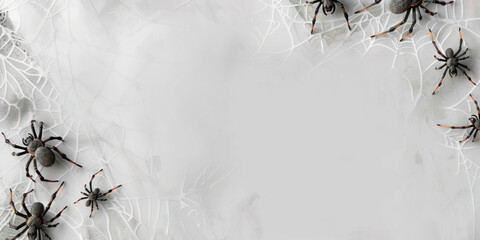 spooky arrangement of fake spiders and webs on a white background, offering a fun twist for an April Fools' Day prank or decoration theme, plenty of space for text, for event flyers 