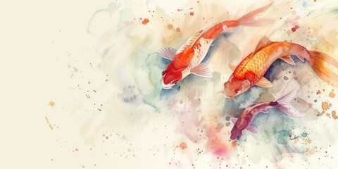 three goldfish in watercolor, with a washed-out background and vibrant splashes of color, perfect for an elegant April Fools' Day greeting card or sophisticated social media post - obrazy, fototapety, plakaty