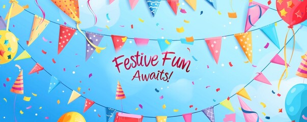 A colorful and festive banner with "Festive Fun Awaits!" text, surrounded by party hats, streamers, and balloons, perfect for an April Fools' Day party invitation or event promotion