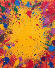 A vibrant abstract paint splatter background in primary colors, ideal for dynamic and creative April Fools' Day marketing or party invitations.