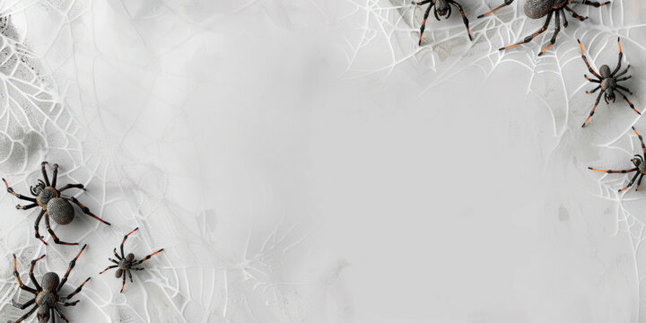 spooky arrangement of fake spiders and webs on a white background, offering a fun twist for an April Fools' Day prank or decoration theme, plenty of space for text, for event flyers 