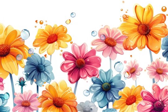 An array of oversized cartoon flowers squirting water, against a white background, suitable for cheerful April Fools' Day themed advertisements or greeting cards.