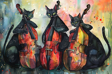 Three cats playing cello at jazz concert. Beautiful illustration
