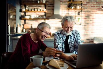 Smiling senior couple using credit card on laptop at home