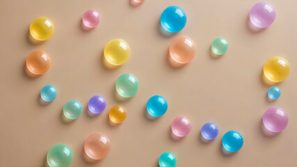 Colored translucent bubbles on pale pink background. Pastel colors. Chaotic arrangement of balls. Soft volumetric lighting, blurred shadows. Top view. Color illustration. Close-up. Copy space.