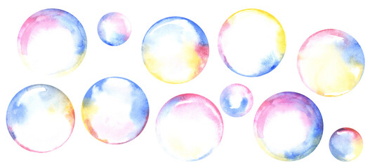 Soap bubbles watercolor collection. Set of Fleeting sphere.